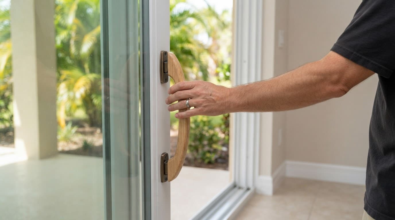 A hand rests beside a bronze handle on a glass patio door.