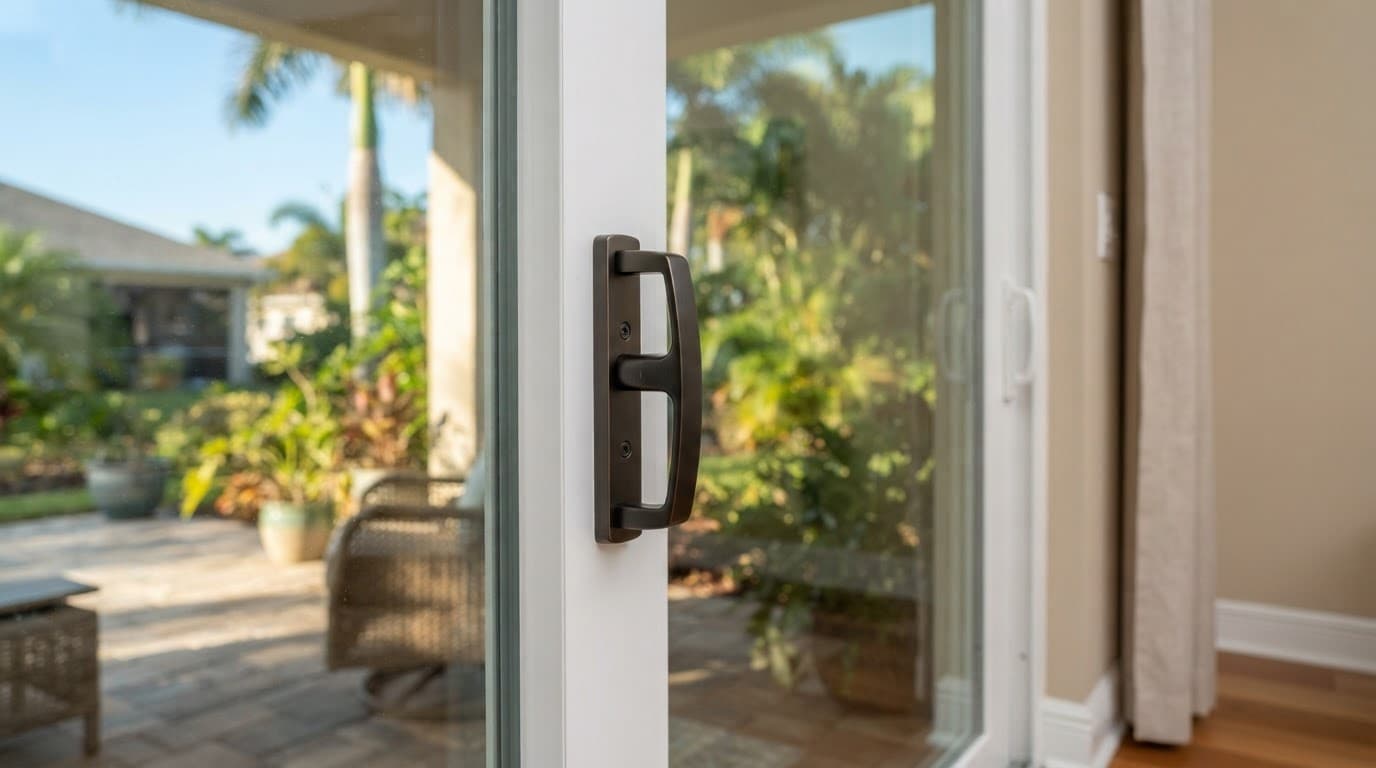 Retrofit handle mounted on a sliding glass door beside a bright patio.