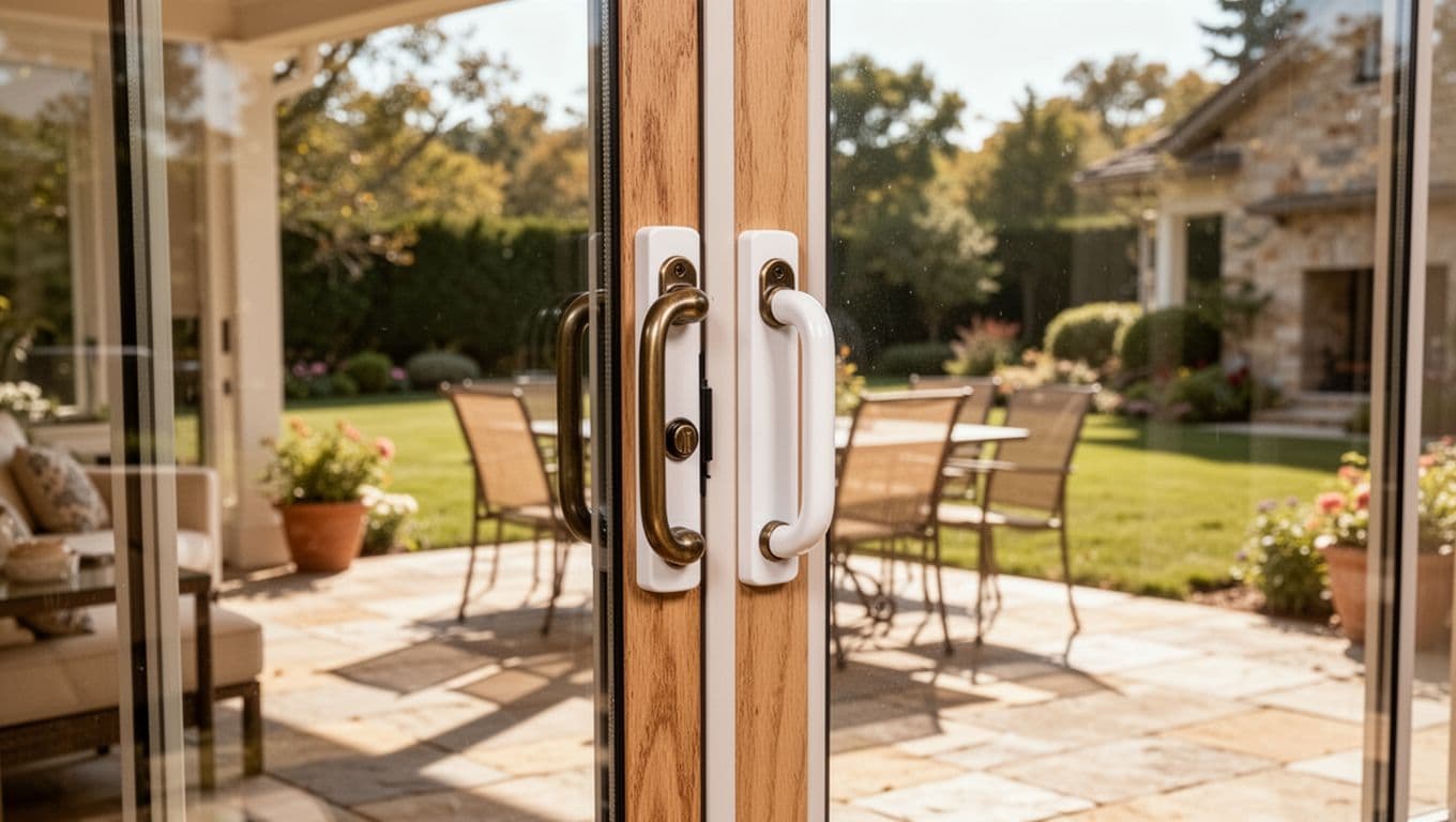 Retrofit handle installed on a sliding glass patio door beside a sunny patio.