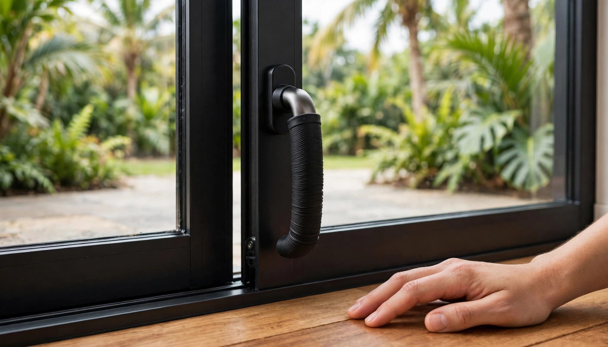 A new grip covers a sliding glass door handle beside a relaxed hand.