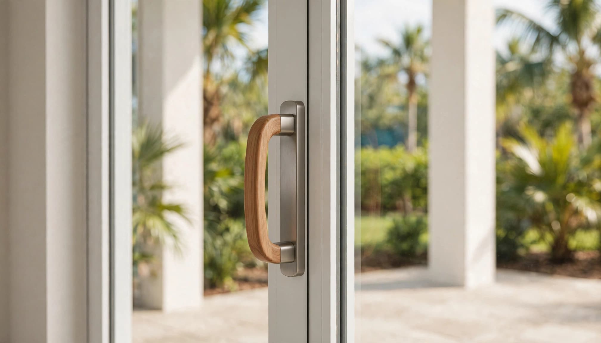 A retrofit handle aligned on a closed sliding glass patio door.