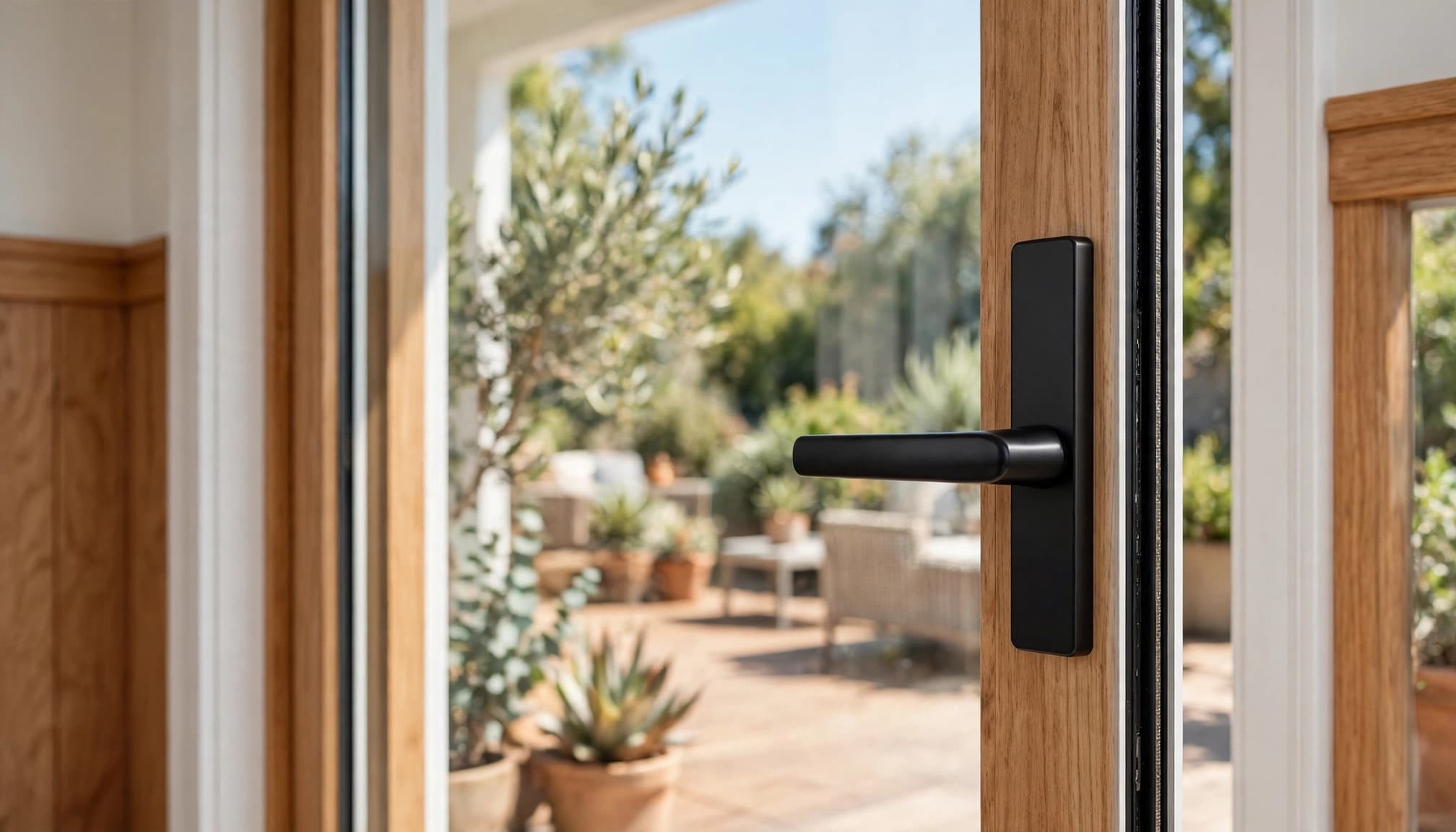 Close-up of a retrofit handle on a sliding glass patio door.