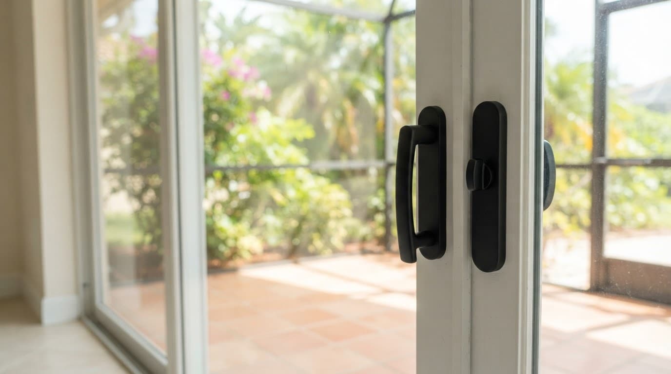 Modern retrofit handle mounted on a sliding glass door beside a bright patio.
