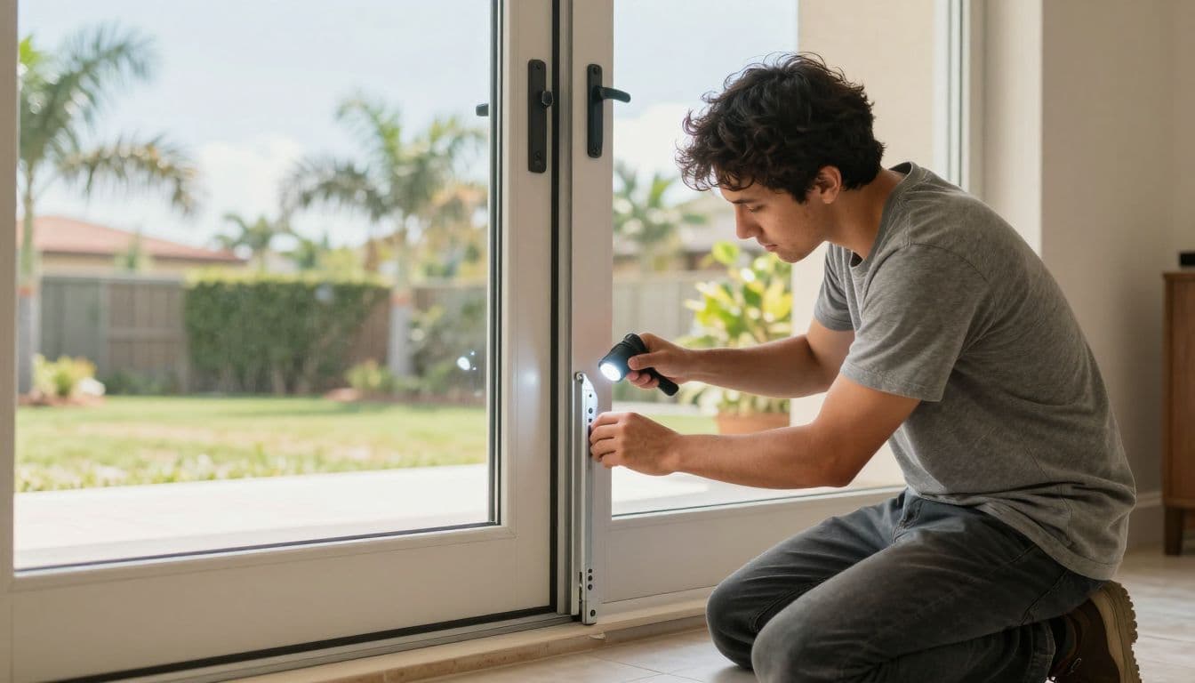 A homeowner uses a flashlight to inspect the lower track of a sliding glass door.
