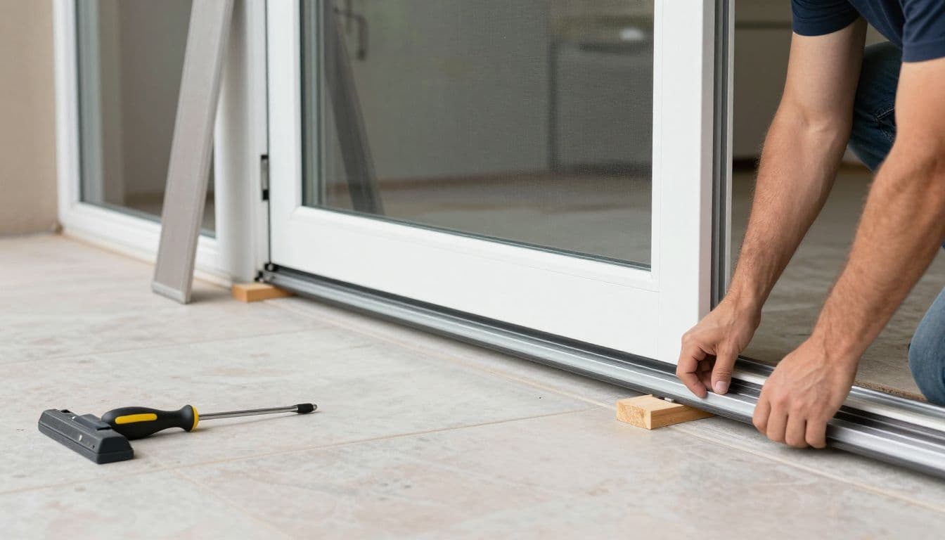 Homeowner inspecting sliding door rollers and the bottom track near a patio entrance.