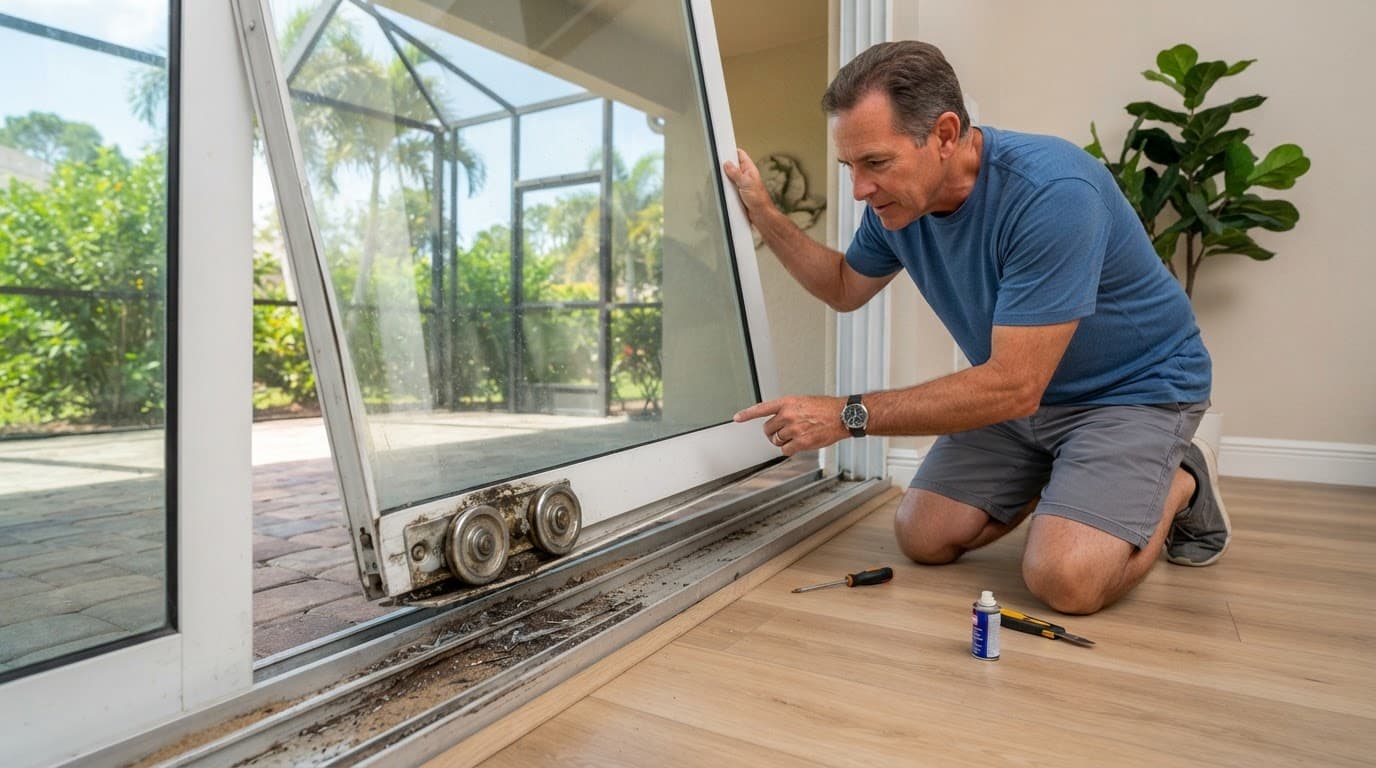 Homeowner examining exposed rollers beneath a sliding glass door.