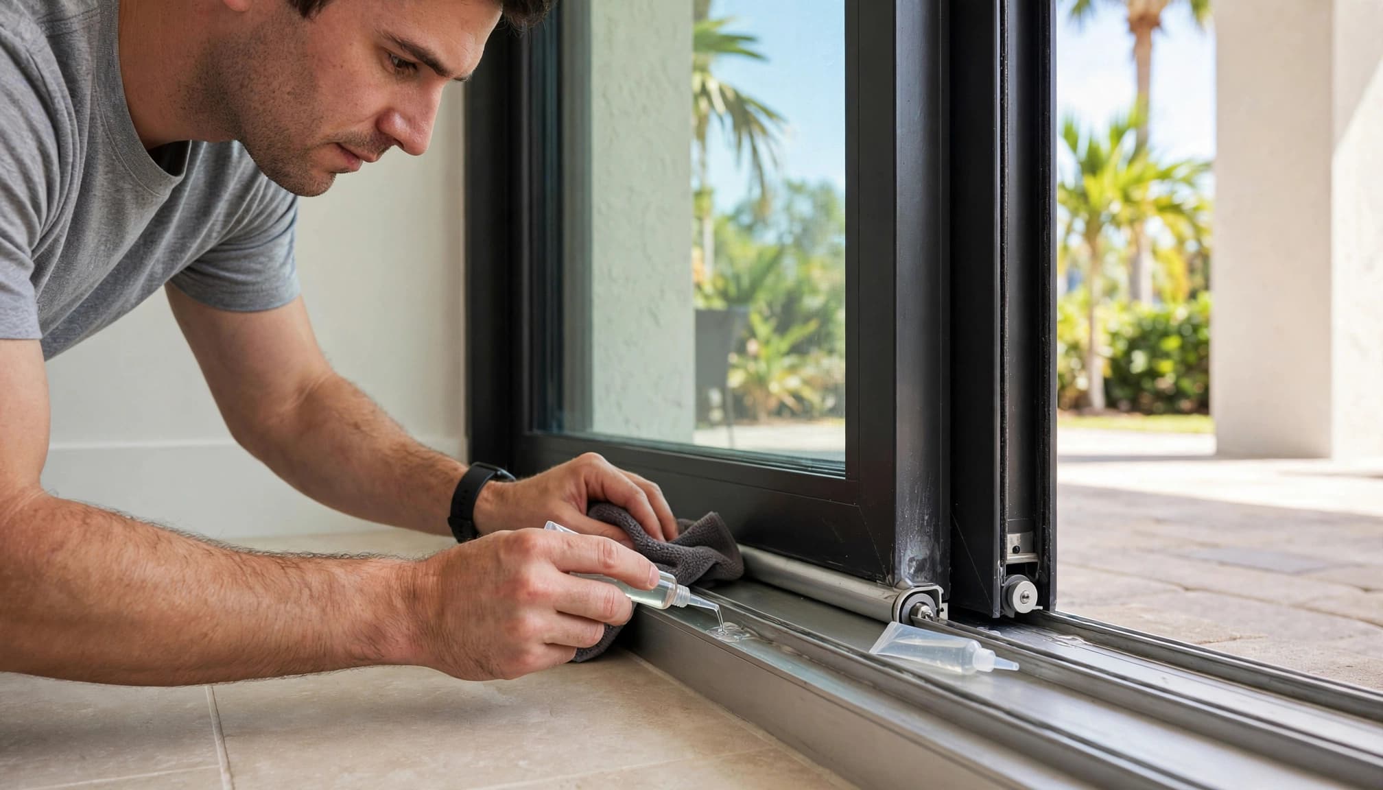 Homeowner lubricating the bottom rollers of a sliding glass patio door.