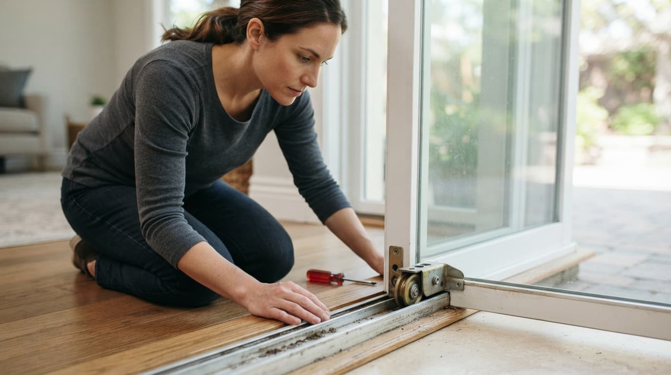 A homeowner examines the bottom roller and track of a partly open sliding glass door.