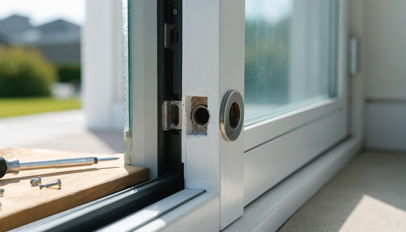 A metal strike plate, screwdriver, and screws beside a sliding patio door jamb.