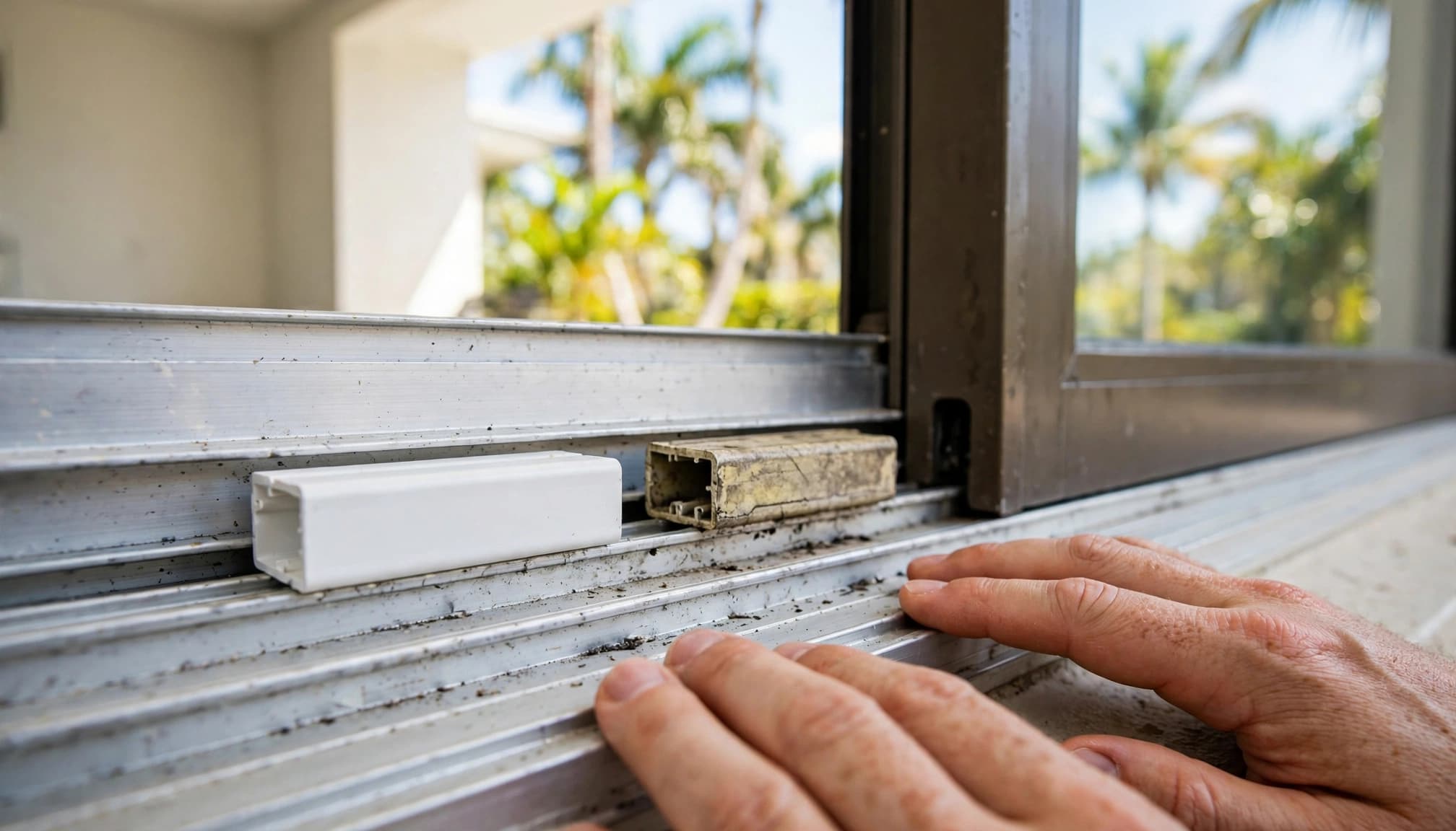 A new white bumper sits beside a worn bumper in a sliding door track.