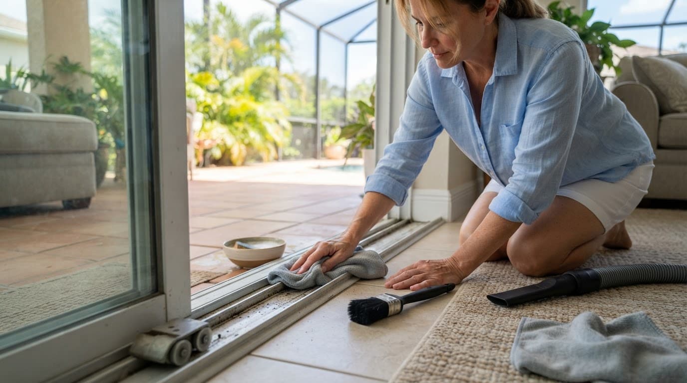 One homeowner cleans a sliding door track beside a sunny patio.