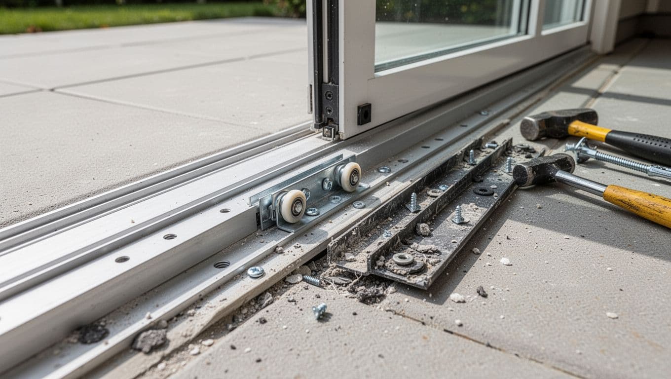 Replacement sliding door track aligned beside the old track on a patio threshold.