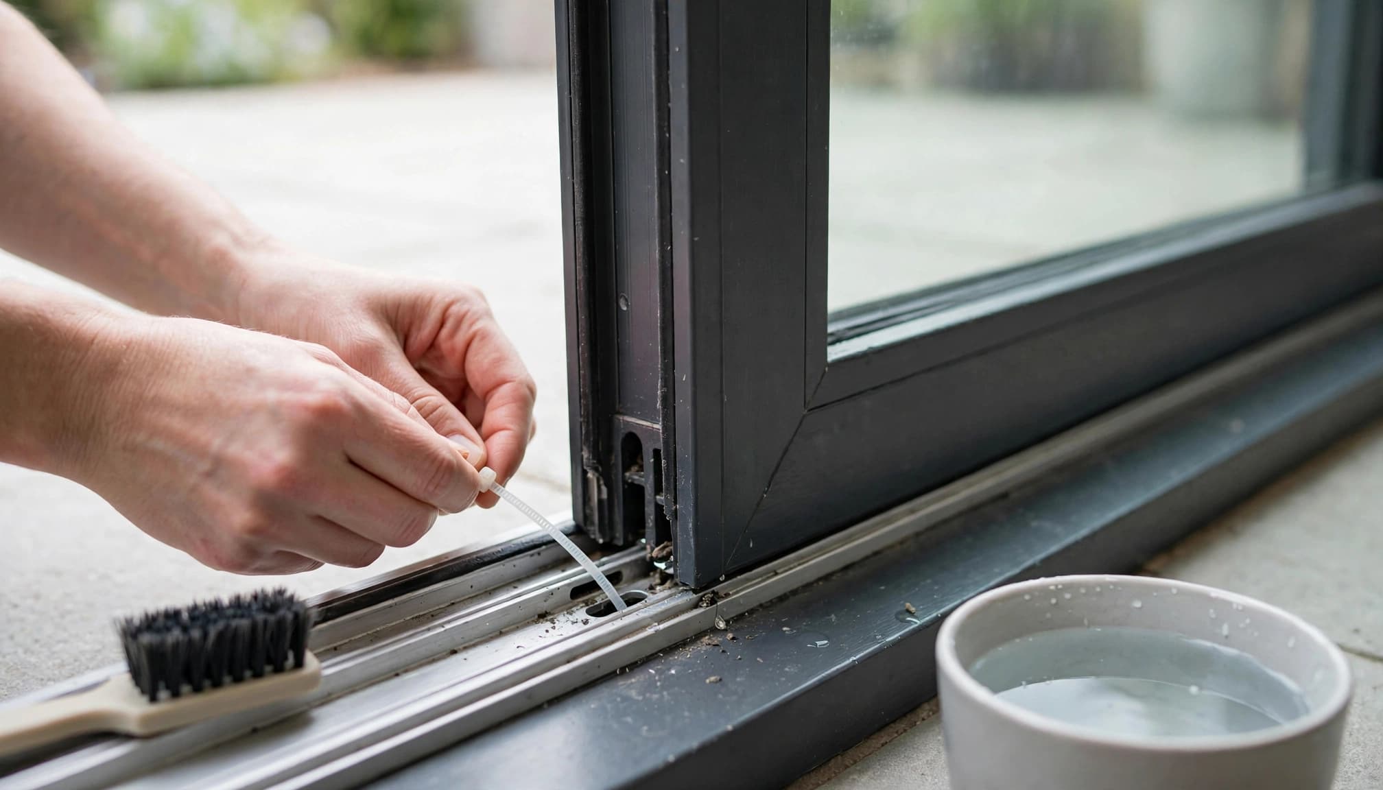 Hands gently cleaning sliding door drainage holes with a brush and zip tie.