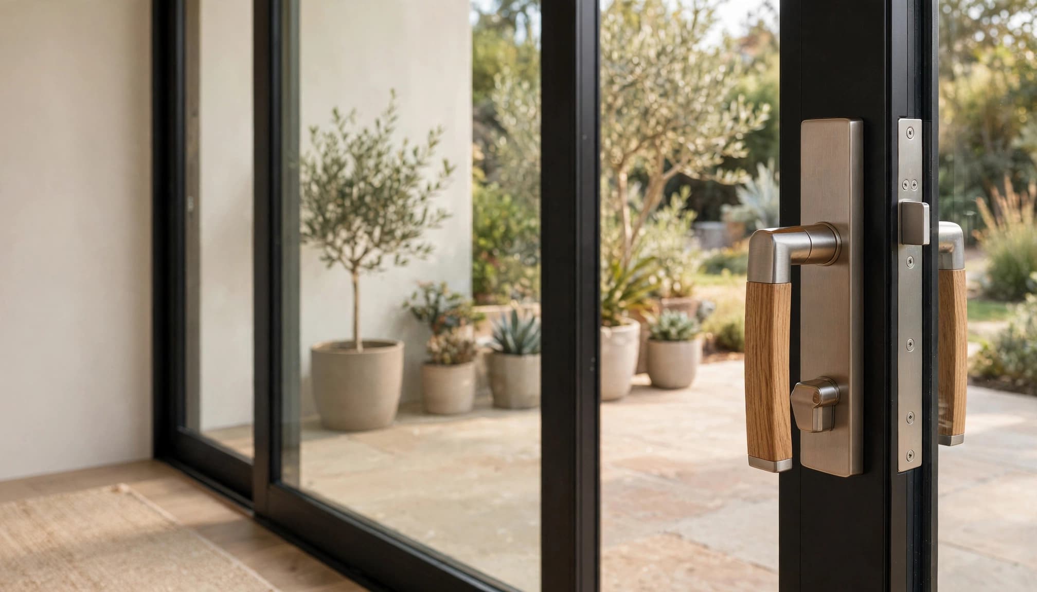 Modern glass patio door with matching retrofit handles and warm oak and steel finishes.