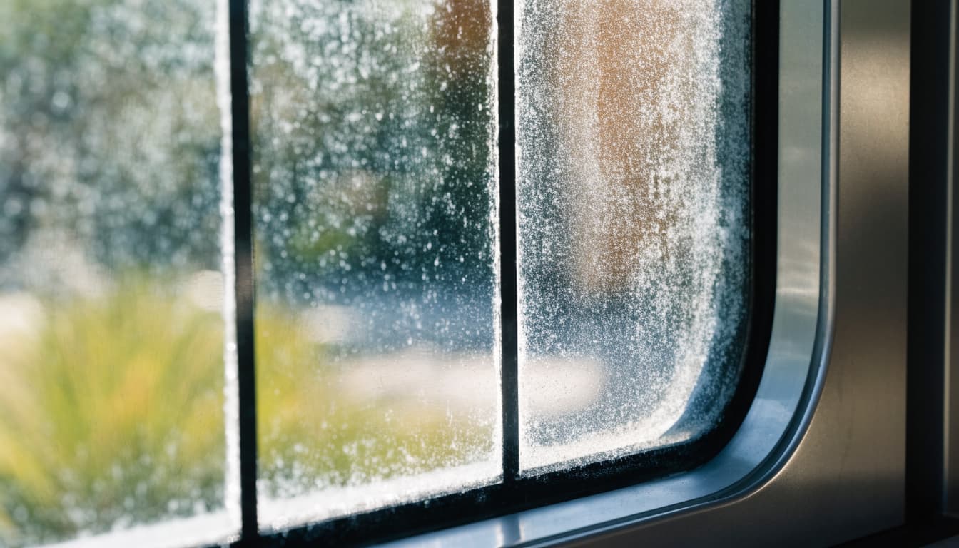 Chalky white spots and streaks mark a patio door pane beside its metal frame.