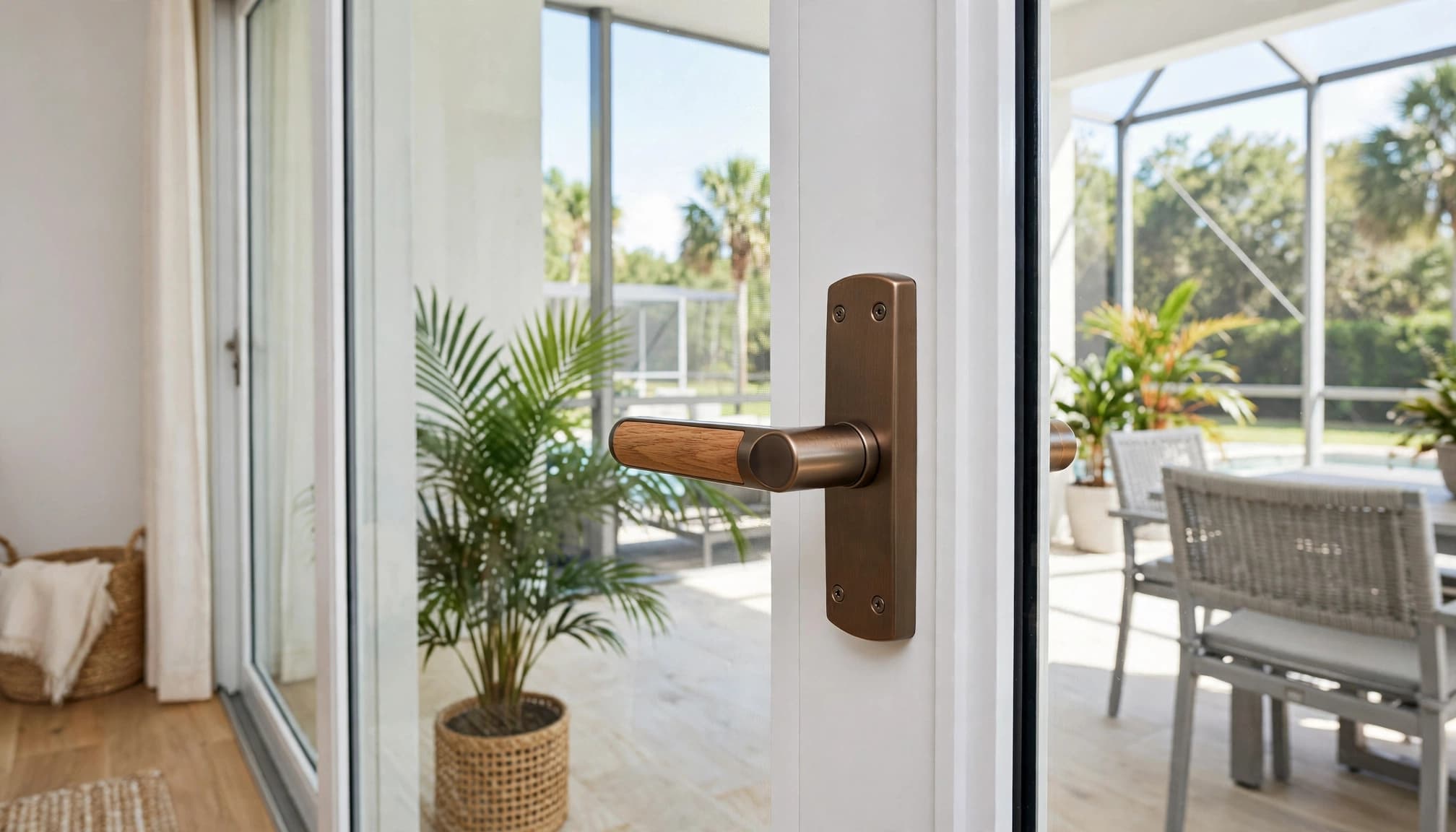Bronze-and-oak handle on a white sliding glass patio door overlooking a screened patio.