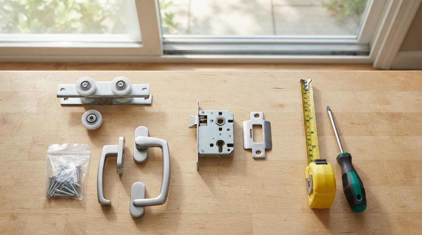 Patio door repair parts arranged on a workbench beside a sunny glass door.