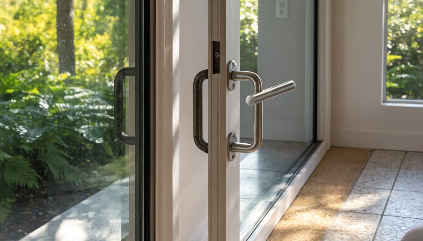A retrofit handle fitted over existing hardware on a glass patio door.