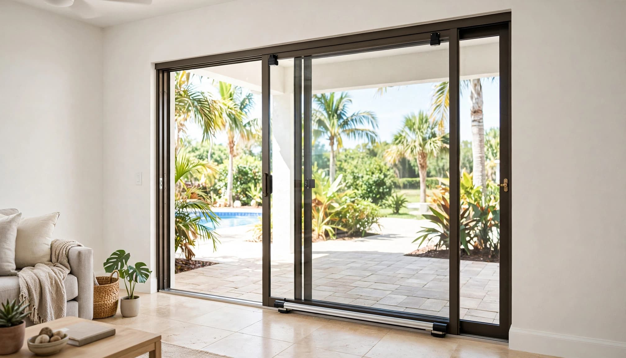 Glass patio door with a pin lock, lower security bar, and top anti-lift block.