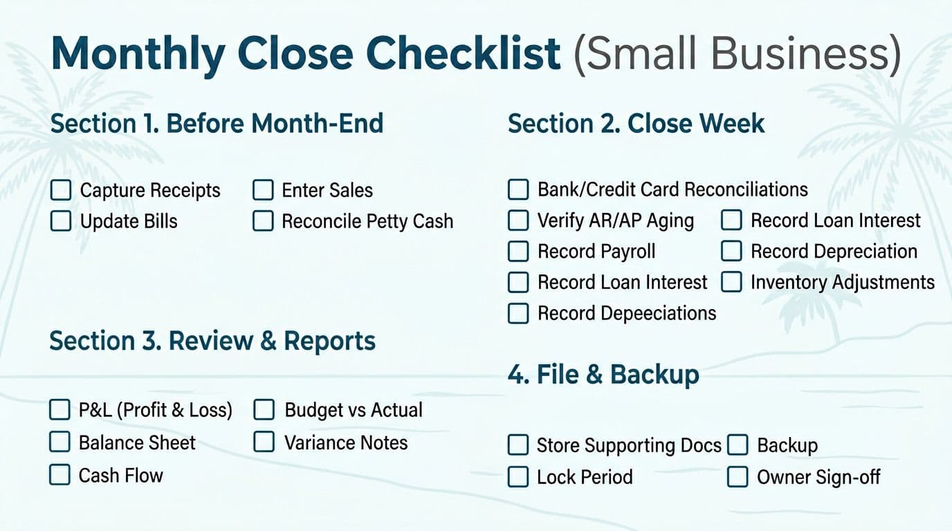 Clean, professional one-page infographic for small business monthly accounting close process, with subtle Fort Myers coastal motifs, checkboxes in four sections: Before Month-End, Close Week, Review & Reports, and File & Backup.