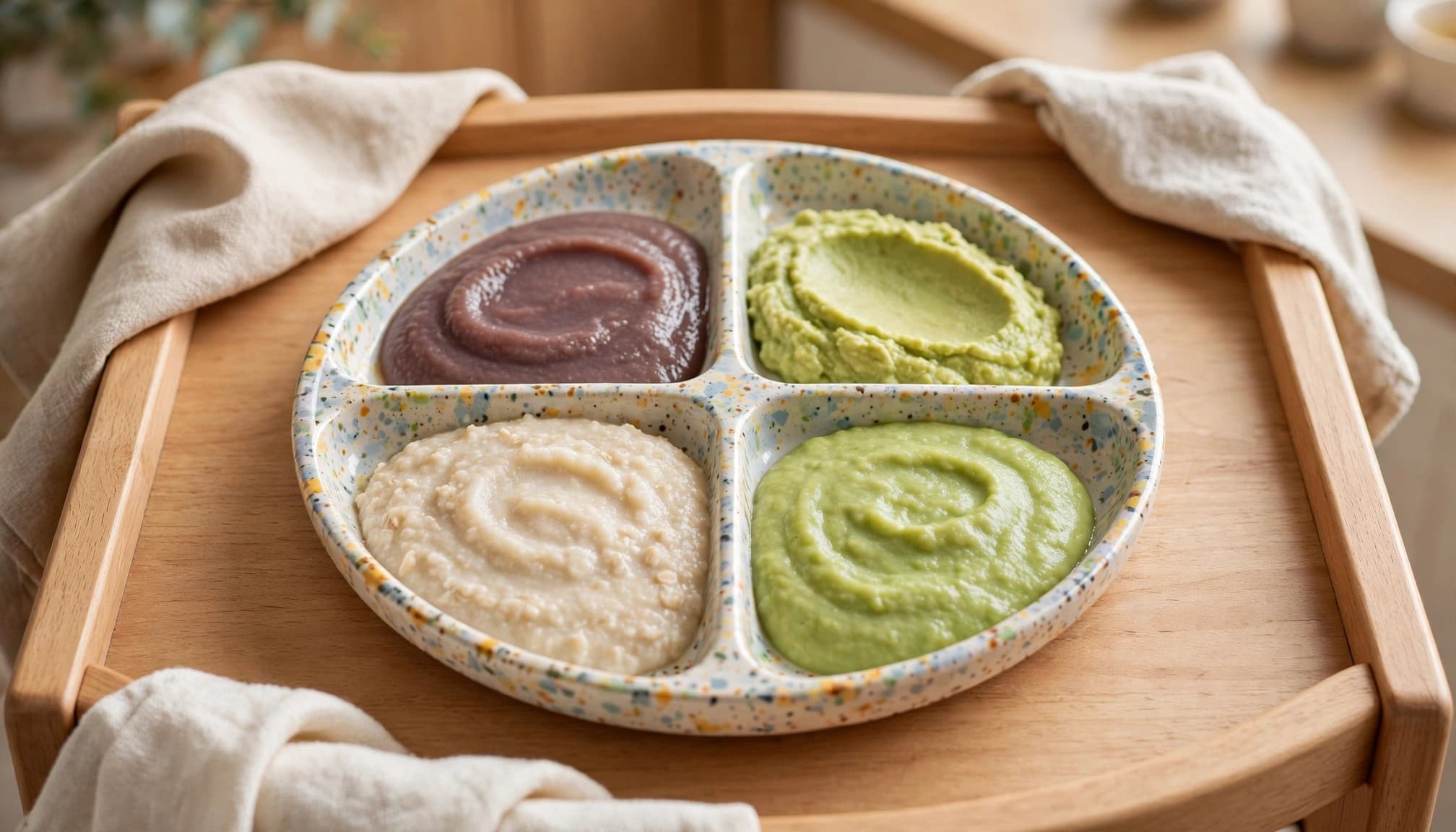 Soft pear, avocado, peas, and oatmeal portions on a tray.