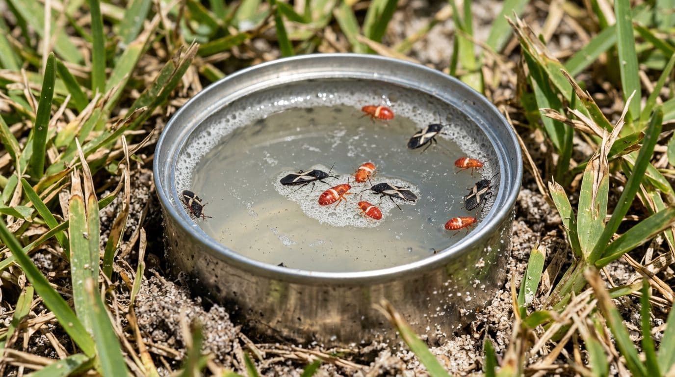 Close-up of a bottomless tin can pushed into sandy St. Augustinegrass soil, filled with soapy water trapping southern chinch bugs floating on the surface under bright Florida sunlight.