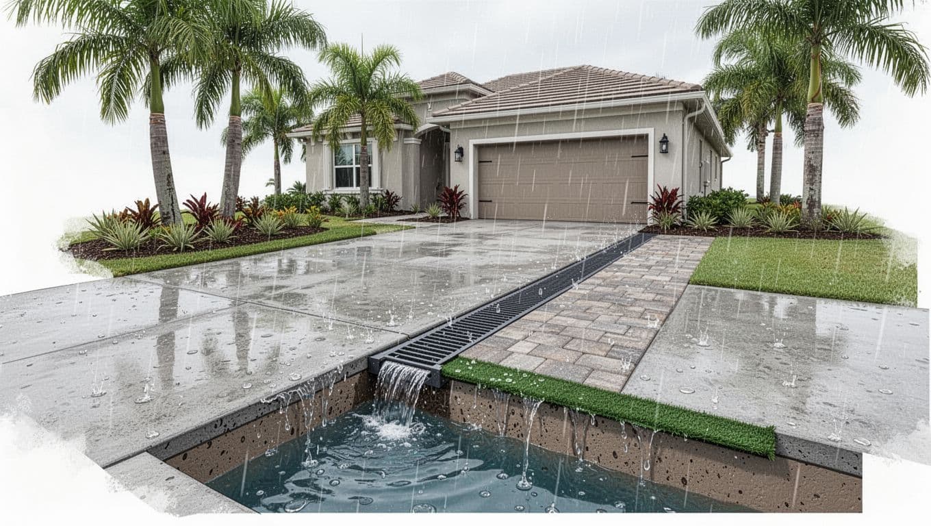 Modern technical illustration of a residential concrete driveway in Southwest Florida with a channel drain capturing rain runoff along the edge. Features adjacent paver walkway, artificial turf strip, palm trees, low plants, sunlit post-rain scene with efficient drainage, one house, no people, crisp lines, muted colors, white background.