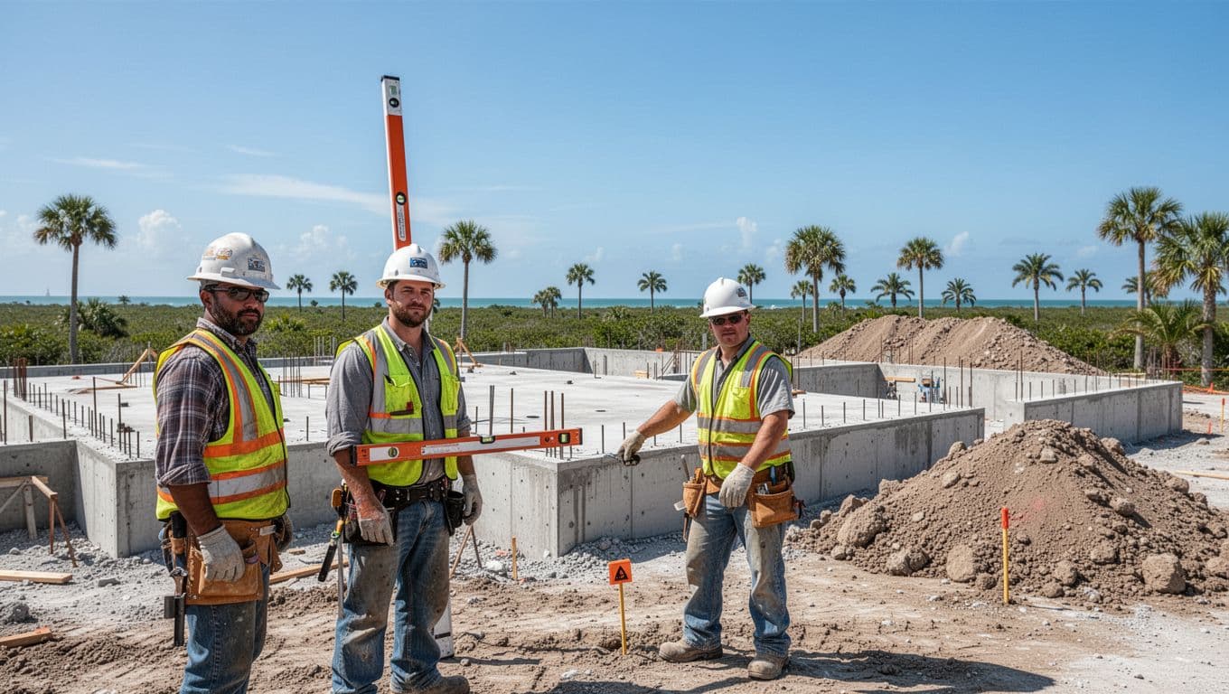 Realistic photo of a new elevated home construction site in Southwest Florida, showing two workers in safety gear, one holding a level tool, near stem wall and slab forming with fill dirt, set against a flat coastal landscape with palm trees, clear blue sky, and distant Gulf waters.