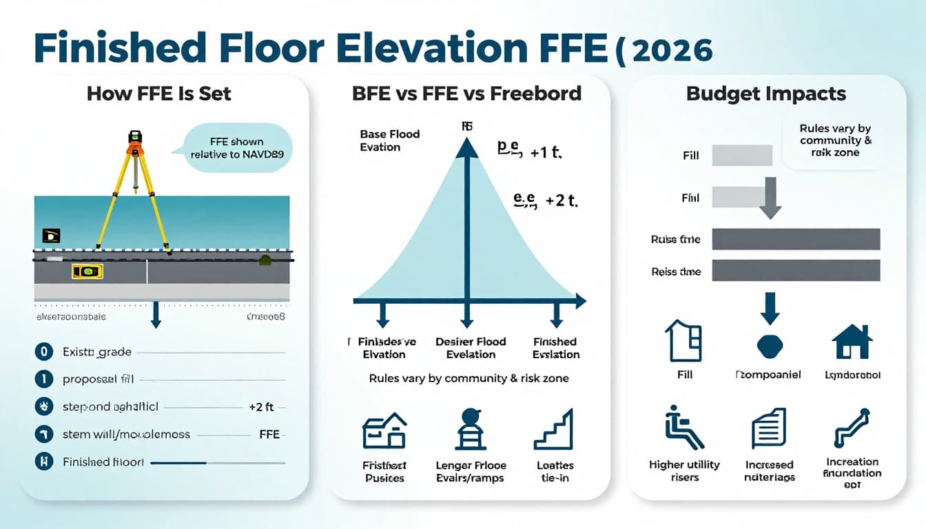 Educational infographic with three panels explaining how FFE is set via cross-section, comparing BFE, FFE, and freeboard elevations, and outlining budget impacts in Southwest Florida using modern flat design and coastal colors.