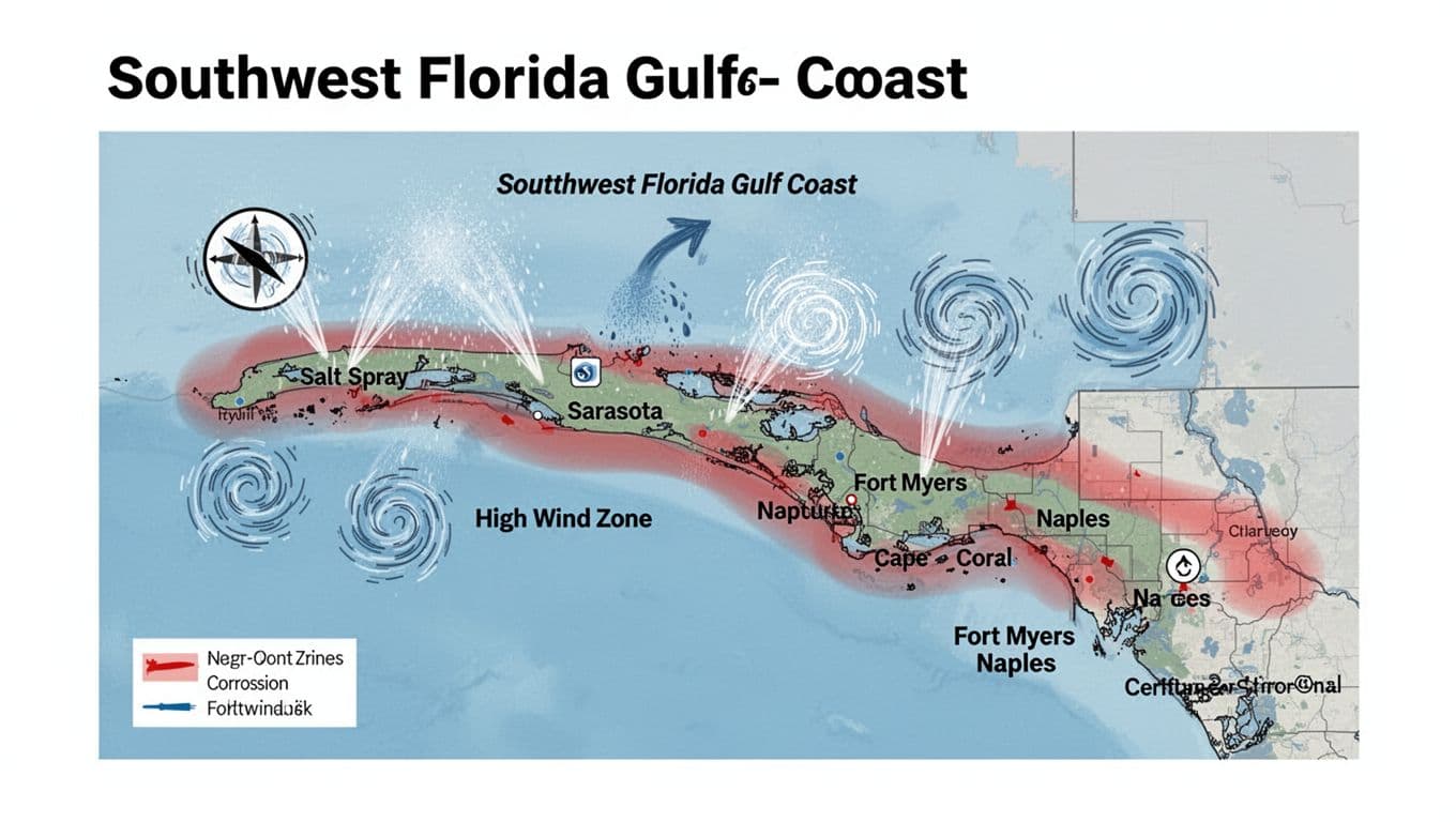 Simplified map-style graphic illustration of Southwest Florida Gulf coast from Sarasota to Fort Myers, Naples, and Cape Coral, highlighting near-coast zones for corrosion and high-wind risks with salt spray mist and swirling wind icons.