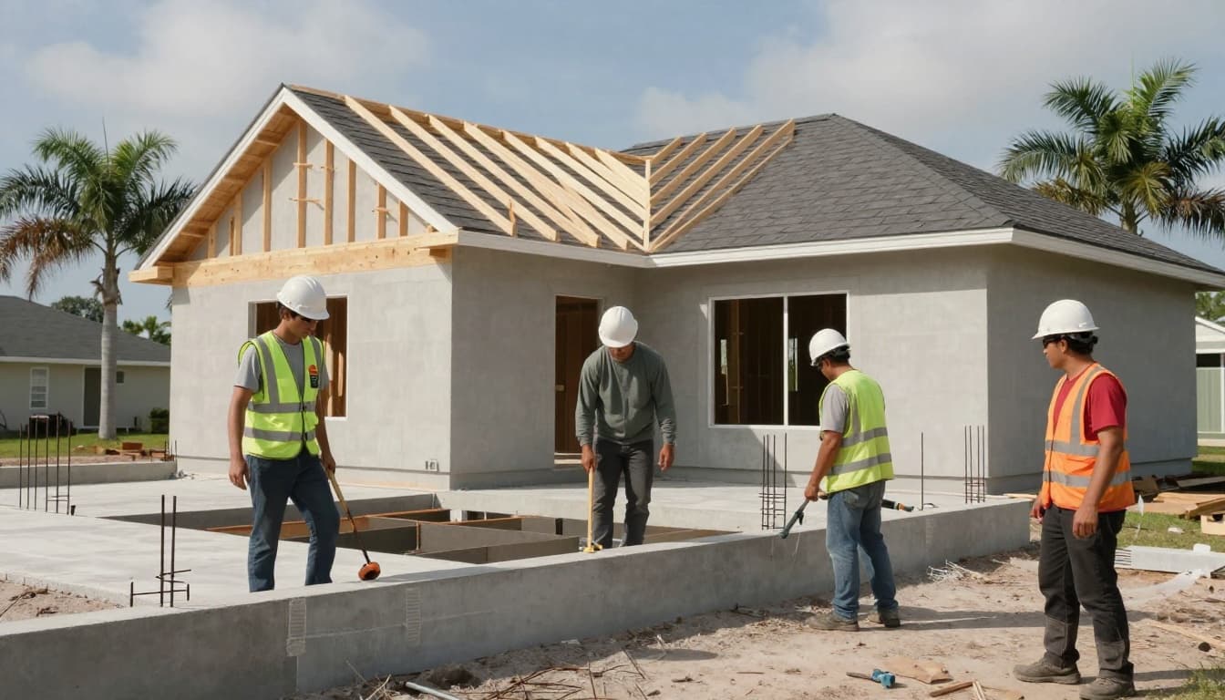 Realistic professional photo of exactly two workers in hard hats and vests tying rebar into an existing concrete slab foundation for a home addition, with roof truss preparation matching the hip roof nearby. Sunny day background features partial house frame and palm fronds on a clean construction site.