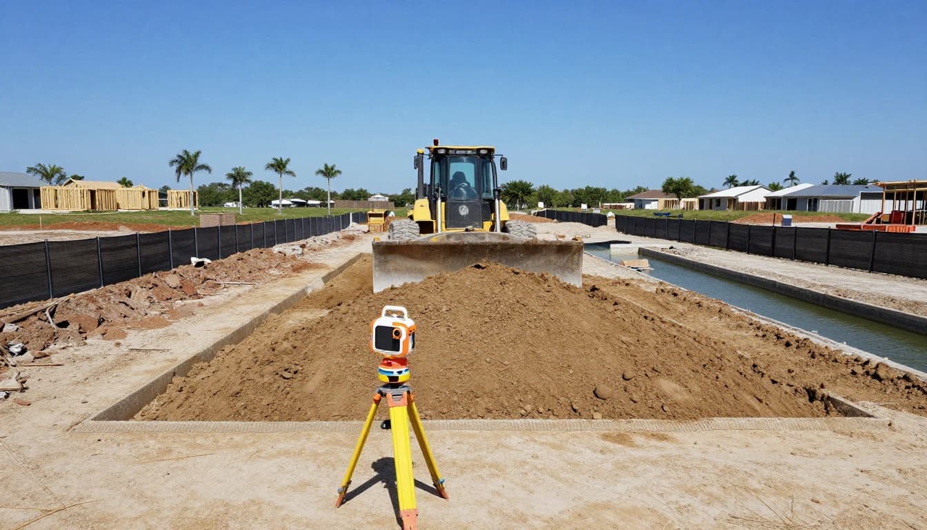 Bulldozer spreading and compacting imported fill dirt on a sandy base at a Southwest Florida construction site, featuring laser level tripod, silt fences for erosion control, swale ditch, distant palms and new home frames under blue midday sky.