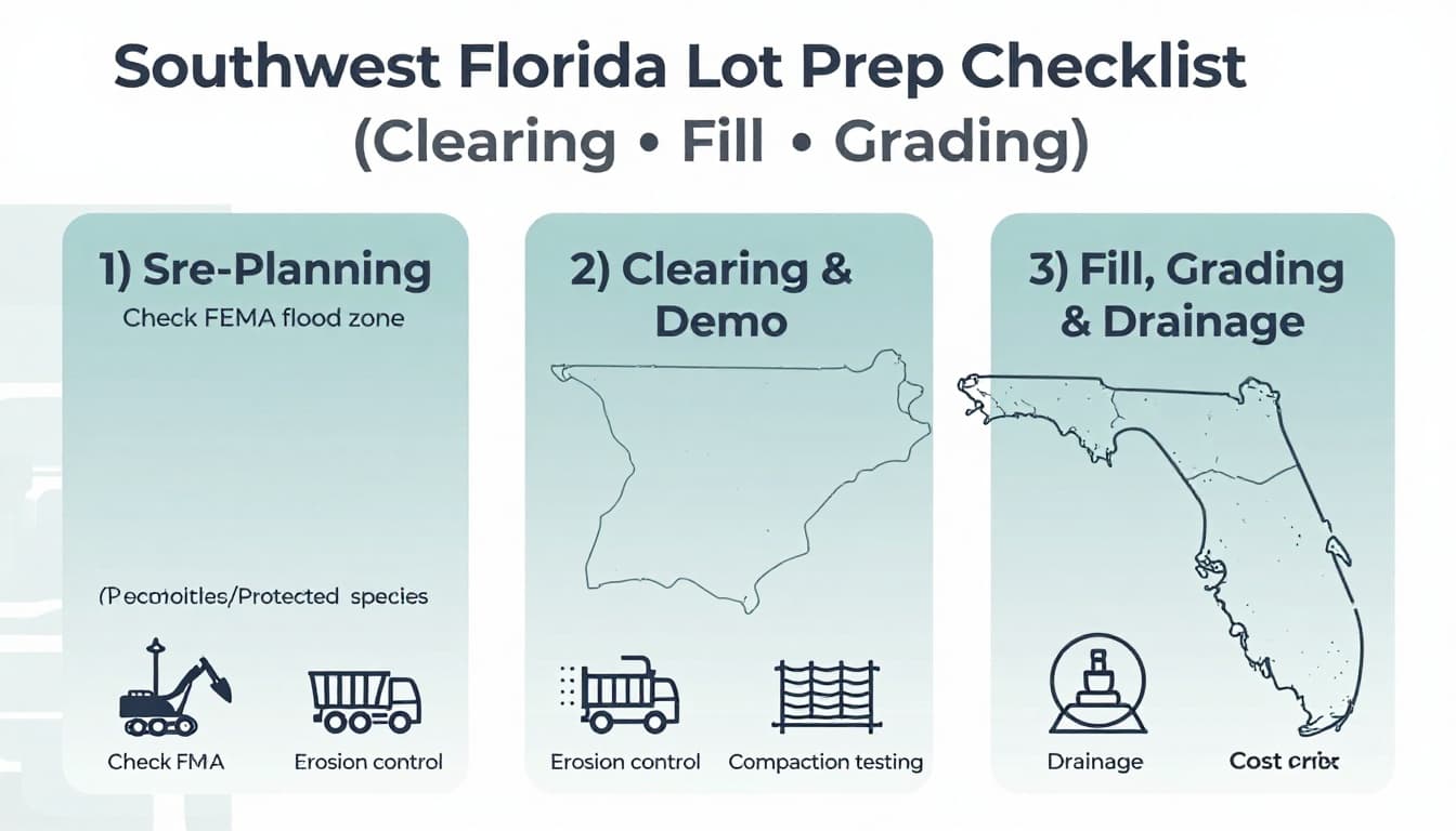 A clean, contractor-grade infographic for homeowners outlining lot preparation in Southwest Florida, with columns for Pre-Planning, Clearing & Demo, Fill, Grading & Drainage, and Cost Drivers. Features simple line icons, subtle regional map watermark, muted coastal blues/greens, and callouts for key considerations like permits and erosion control.