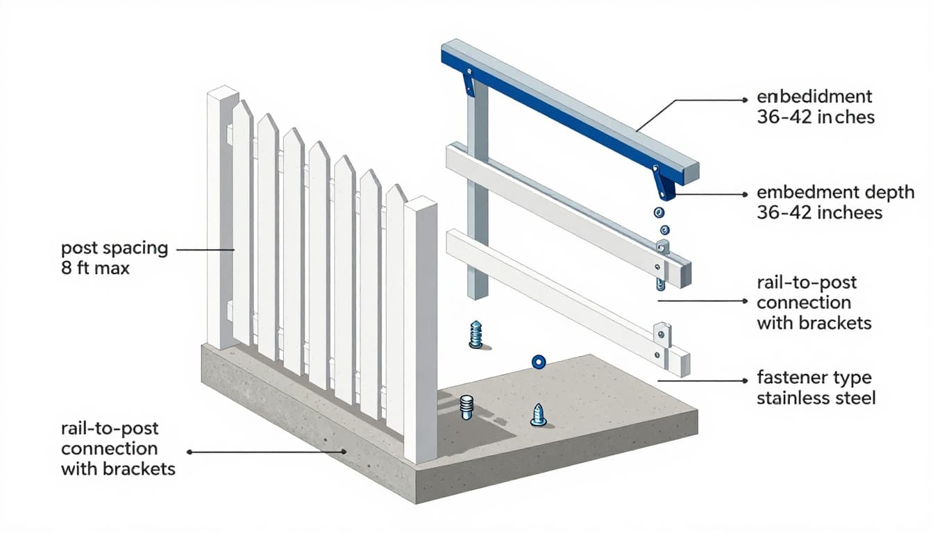 Technical vector infographic showing an exploded view of a typical residential fence section in Southwest Florida, with separated components including posts, rails, panels, concrete footings, and fasteners, plus precise labeled callouts for installation details.