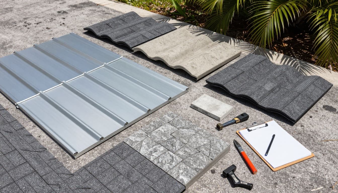 Close-up top-down view of asphalt shingles, concrete tiles, standing seam metal panels, and stone coated steel tiles on a driveway in Southwest Florida, with tools and clipboard, sunny outdoor setting with palm fronds.