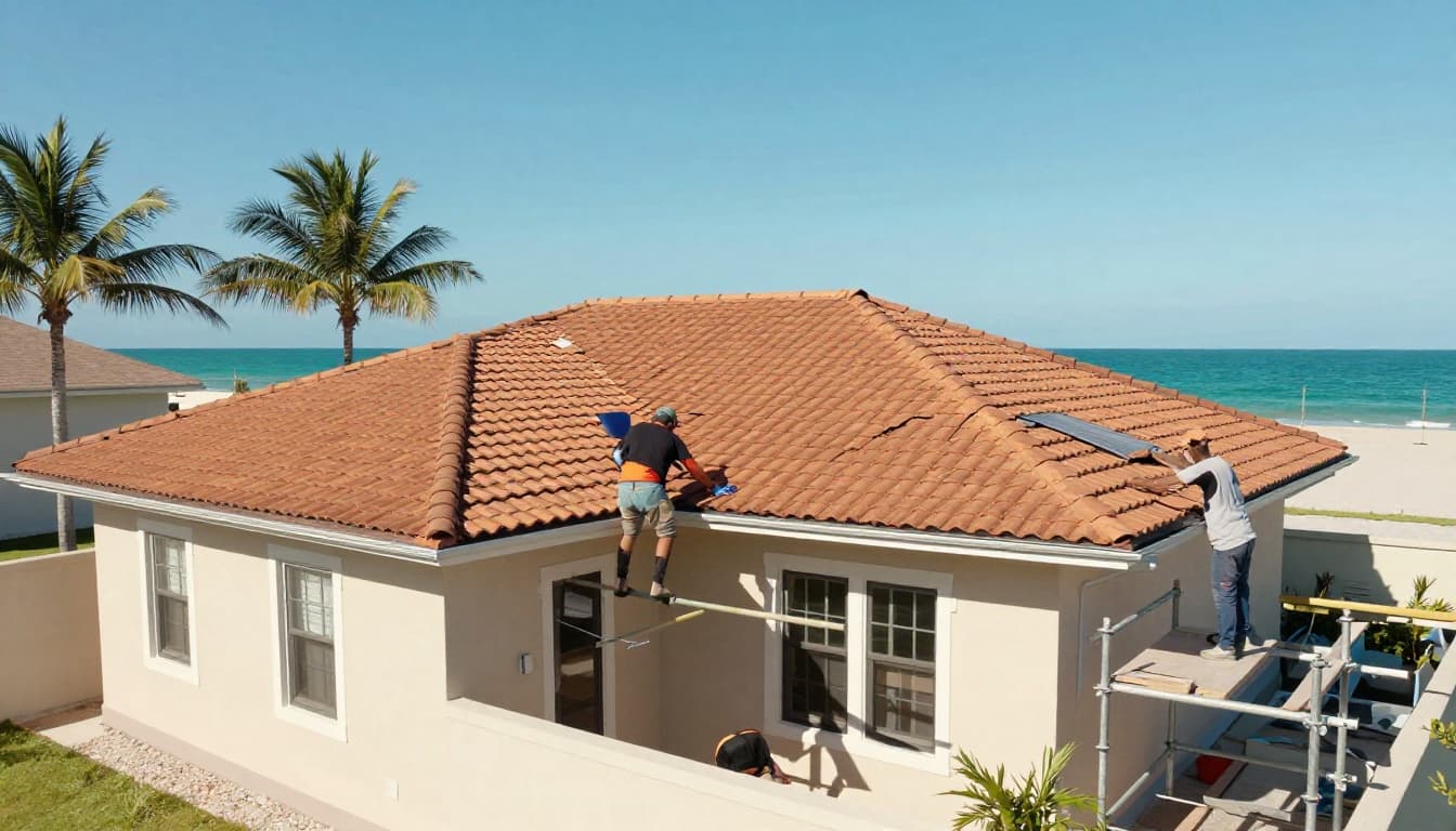 Workers on scaffolding install a new tile roof on a typical Southwest Florida single-family home, set against a coastal backdrop with palm trees, ocean, and hurricane-resistant features under a bright sunny sky.