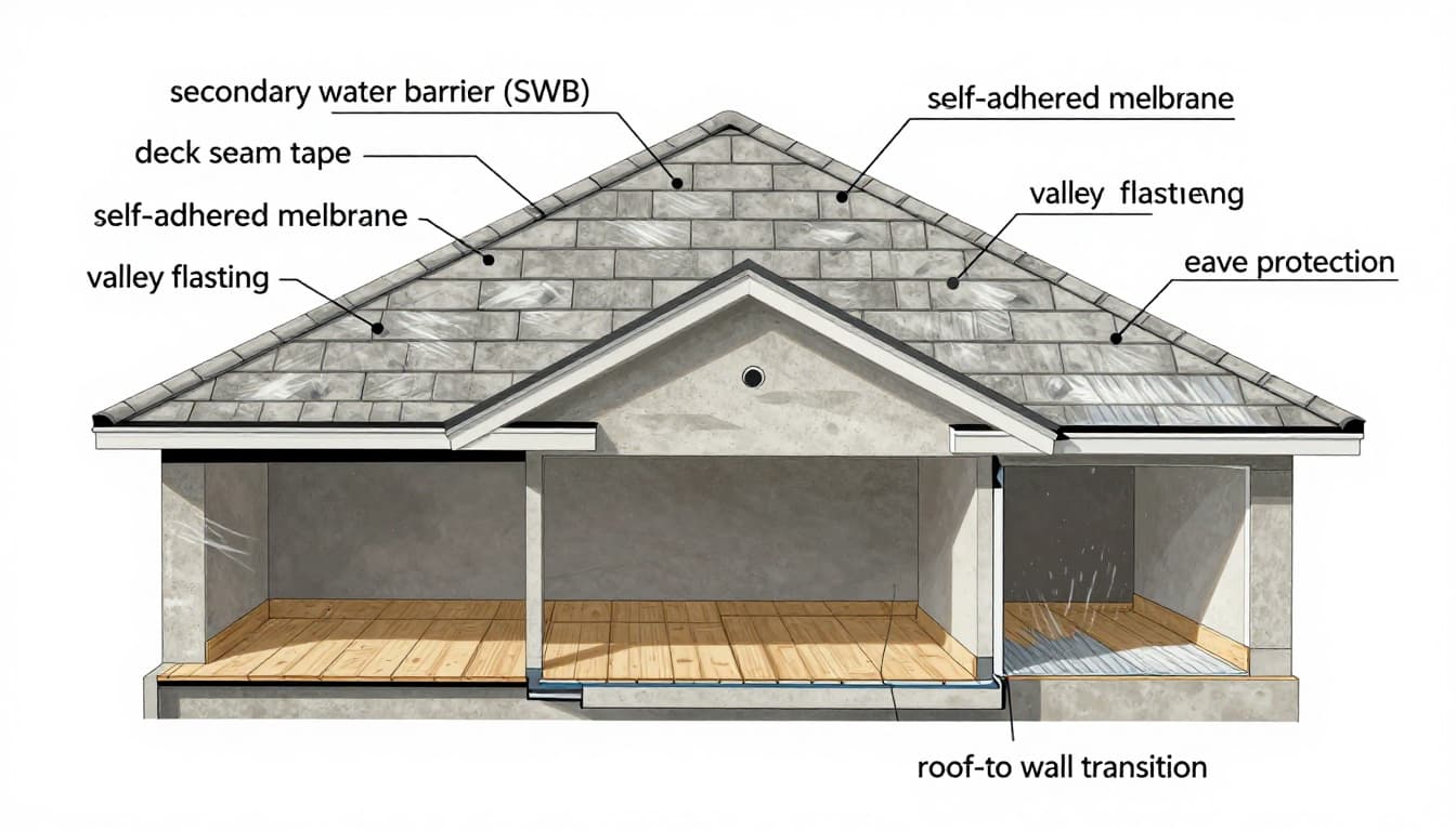 Clean, labeled technical illustration of a residential tile roof assembly in Southwest Florida, cross-section view highlighting the secondary water barrier with callouts for deck seams, flashings, and protections.