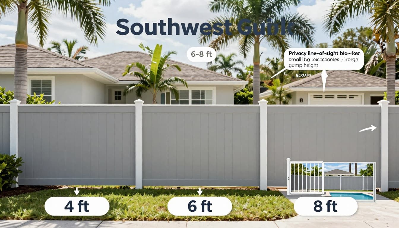 Photorealistic infographic depicting a Southwest Florida backyard with a single-family home, palm trees, and three side-by-side vinyl privacy fences at 4 ft, 6 ft, and 8 ft heights. Features callouts for privacy line-of-sight, pet containment (small vs. large dogs), local code/HOA notes, and an inset of a compliant pool barrier fence with self-closing gate.
