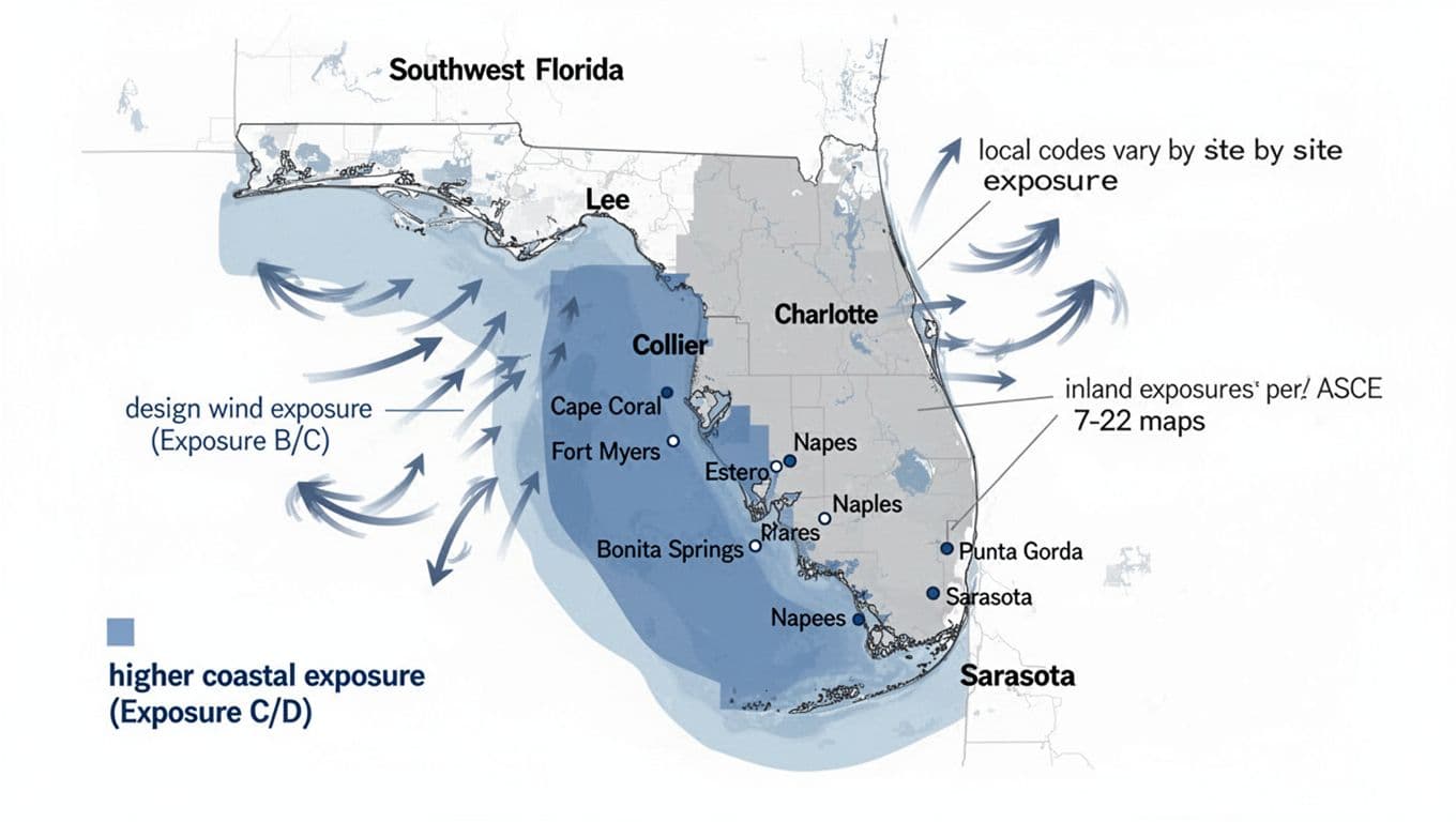 Clean technical infographic map of Southwest Florida (Lee, Collier, Charlotte, Sarasota counties) shading coastal zones in blue for higher Exposure C/D and inland in gray for B/C, with wind arrows, major cities, and notes on design wind speeds per ASCE 7-22 for fence pressures.