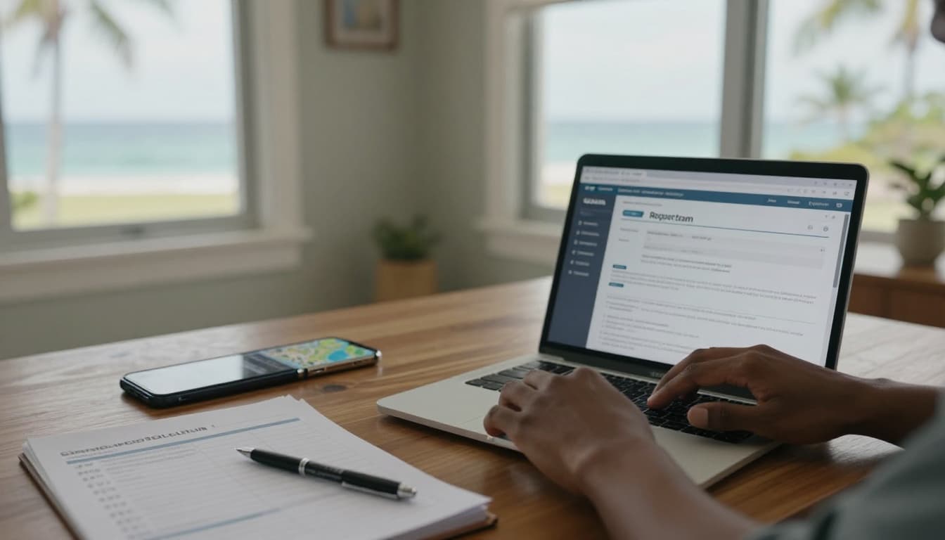 Photorealistic documentary-style image of hands typing into a blurred spam reporting form on a laptop, beside a marked checklist and notepad, with a smartphone showing maps, in a cozy bright Fort Myers home office featuring an ocean horizon view through a window with palm trees.