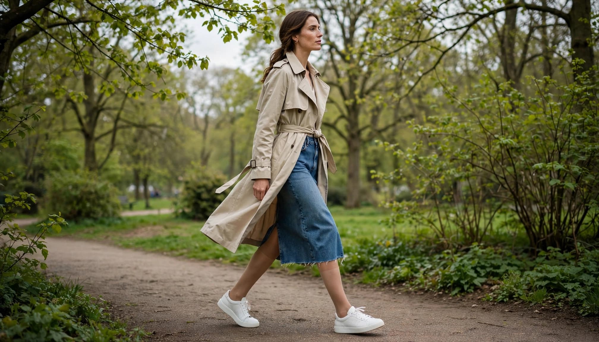 Woman in a trench coat, denim skirt, sheer hosiery, and white sneakers on a park path.