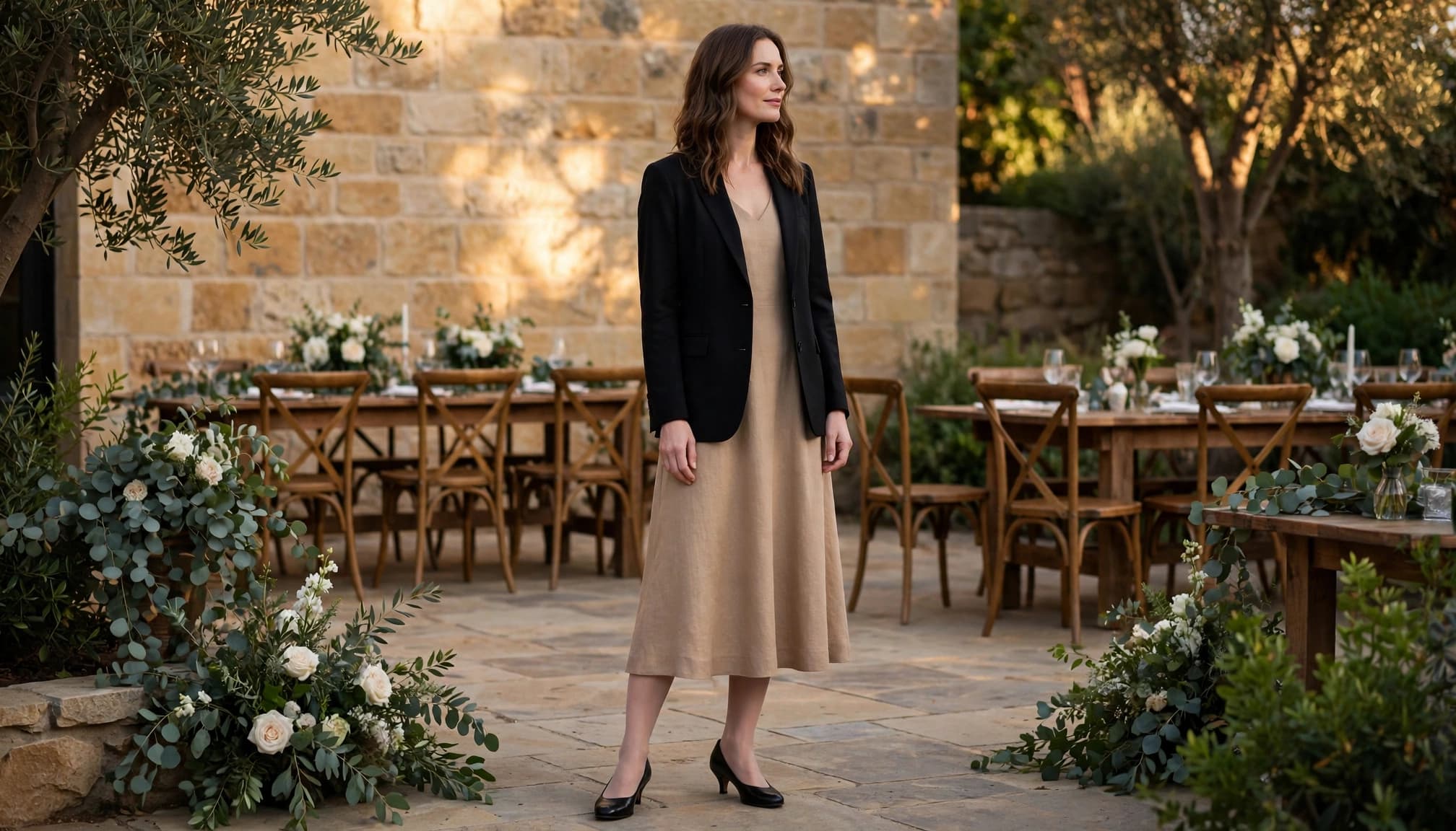 Woman in a tan dress, sheer hosiery, black heels, and jacket at a garden wedding.