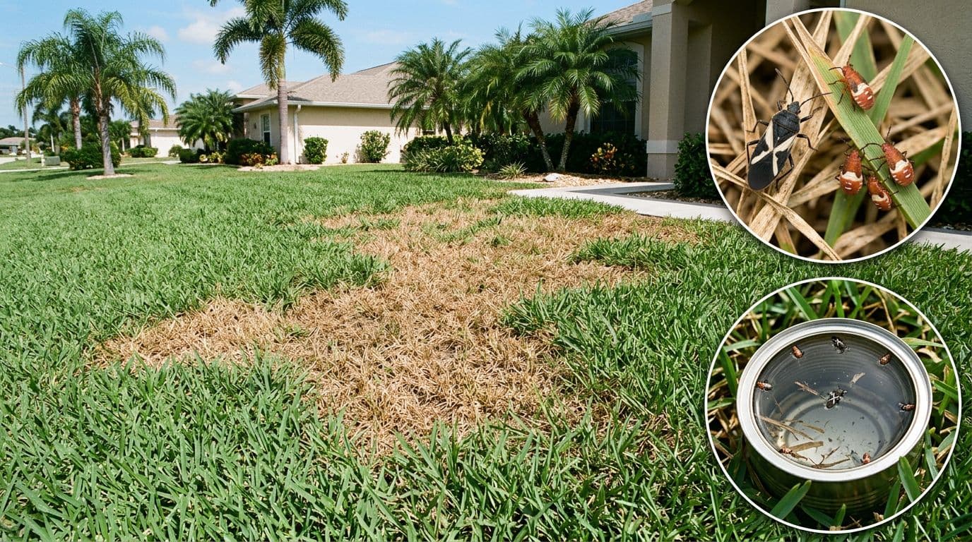 A realistic St. Augustinegrass lawn in Cape Coral, Southwest Florida, displays an irregular expanding straw-brown patch from southern chinch bug infestation, with insets showing a macro view of the black bugs with white wings and red nymphs, plus a coffee-can flotation test.