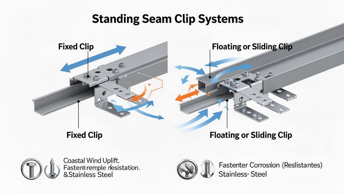 Crisp vector illustration of an exploded view comparing fixed clip (left) and floating/sliding clip (right) for standing seam systems, with arrows showing thermal expansion and contraction movement. Features minimal notes and icons for coastal wind uplift resistance and stainless steel fastener corrosion resistance.
