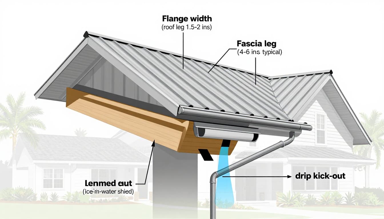 Clean, technical labeled infographic showing a cross-section diagram of a standing seam metal roof at the eave, including underlayment, ice-and-water shield, metal panel, drip edge, fascia, roof deck, and gutter with key dimensions and arrows for water and rain paths.