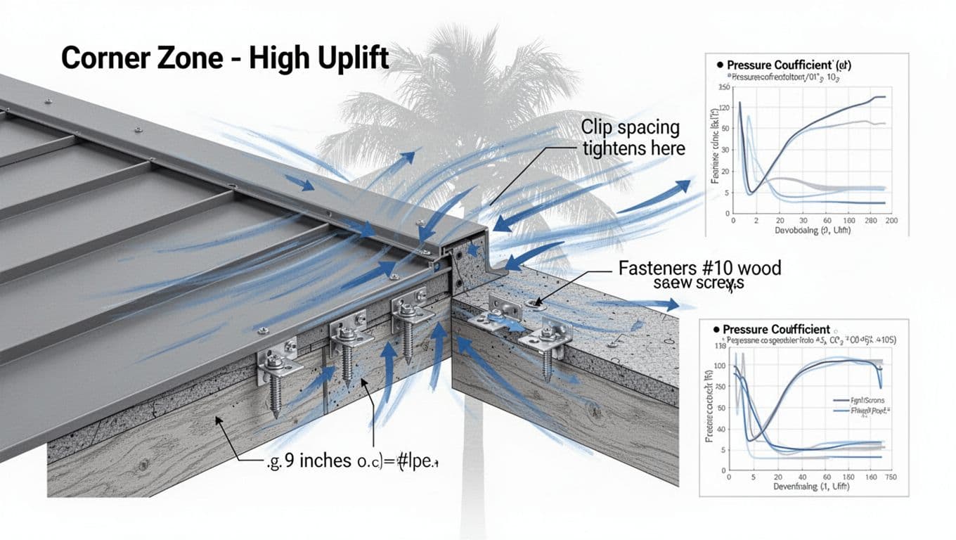 Close-up technical illustration of a standing seam metal roof edge in the corner zone under simulated wind load arrows, featuring tight clip spacing at 9 inches o.c., clips with #10 wood screws into the deck, and panel seaming. Includes labels like 'Corner Zone - High Uplift' and 'Clip spacing tightens here', subtle blue wind streamlines, inset pressure coefficient chart, and faded Central Florida palm silhouette on white background.
