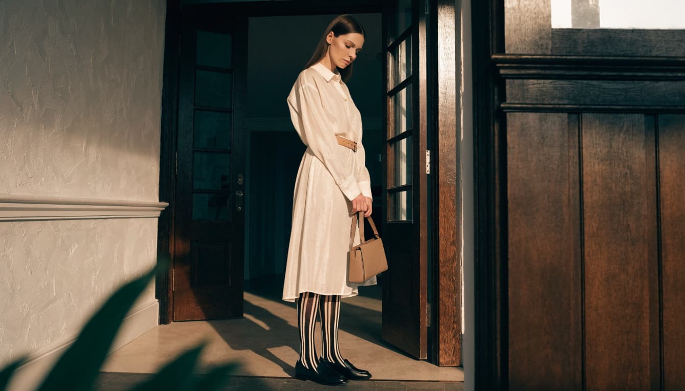 A woman in striped tights and an ivory dress stands by a dark doorway with a tan handbag.