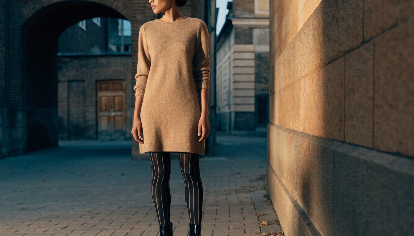 A woman in a tan dress and striped black tights stands beside a stone wall.