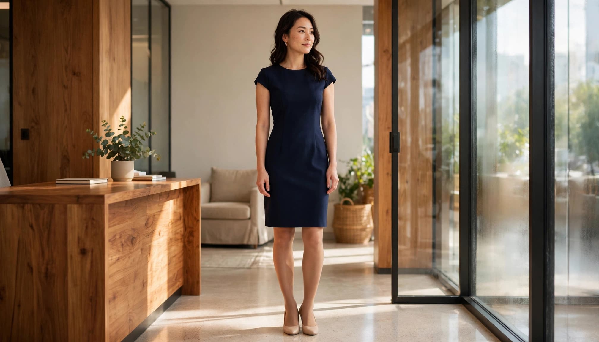 Woman in a navy dress, tan pantyhose, and nude pumps in a bright office reception.