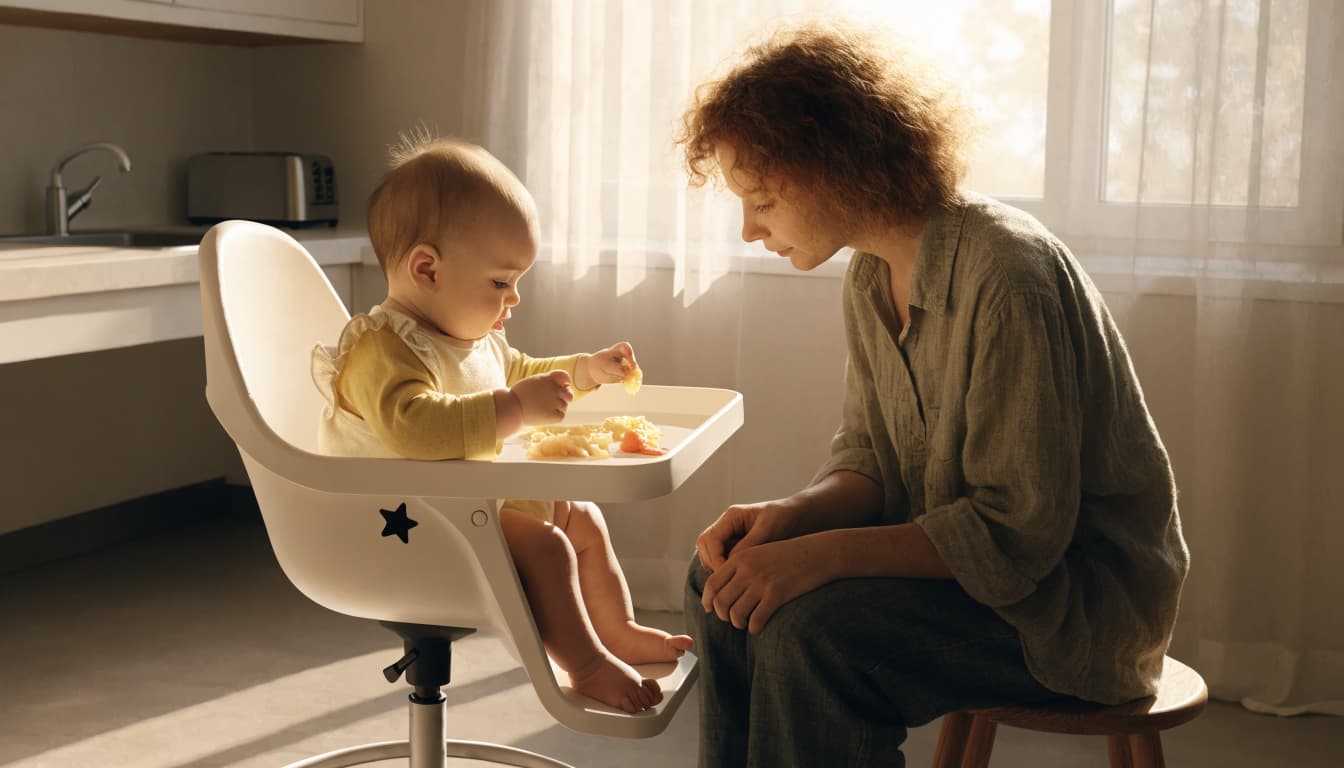 An infant in a high chair explores food while an adult watches.